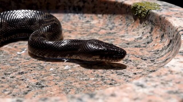 black headed python snake - A glossy black snake coiled gracefully on a smooth granite surface, showcasing its glistening scales and intricate patterns under natural light