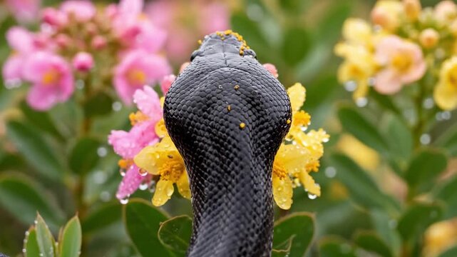 black headed python snake - A close-up of a snake's head drinking nectar from brightly colored flowers, droplets of water glistening on its scales amidst vibrant blossoms and lush greenery