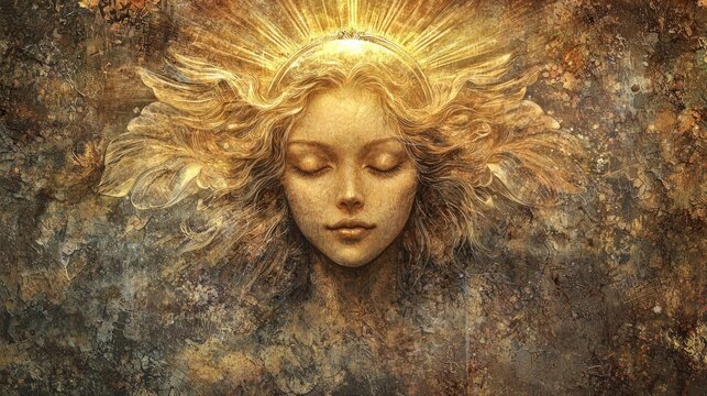 Ethereal Golden Goddess Portrait with Radiant Light and Textured Background, a Mystical and Serene Digital Painting Representing Divine Feminine Spirituality - Powered by Adobe
