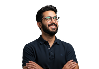 Smiling bearded man wearing glasses and dark polo shirt with arms crossed transparent background