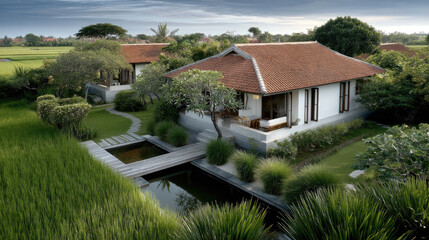 Traditional house with red tile roof surrounded by lush green rice fields, tropical garden, and tranquil pond, peaceful rural landscape