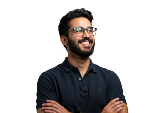 Smiling bearded man wearing glasses and dark polo shirt with arms crossed transparent background