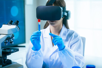 An Asian female scientist in a modern lab interacts with 3D holographic data using VR/MR headset, integrating microscopy, chemical analysis,computational biotechnology immersive, advanced scientific
