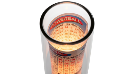 Close-up view of a Powerball lottery ticket inside a clear glass cylinder, highlighting the numbers and game details.
