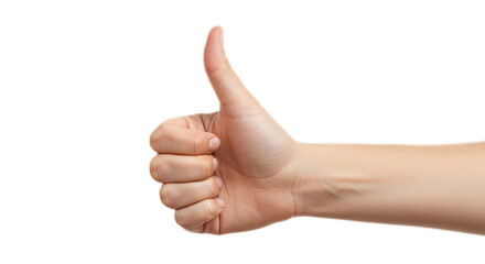 Woman’s hand in classic thumbs up gesture, isolated clinical photorealism in minimalist white. Isolated on transparent background, png
