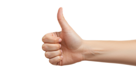 Woman’s hand in classic thumbs up gesture, isolated clinical photorealism in minimalist white. Isolated on transparent background, png