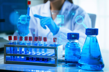 An Asian female scientist in a modern lab interacts with 3D holographic data using VR/MR headset, integrating microscopy, chemical analysis,computational biotechnology immersive, advanced scientific