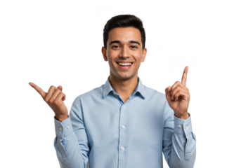 Man with smile points both hands upward suggesting ideas or options transparent background