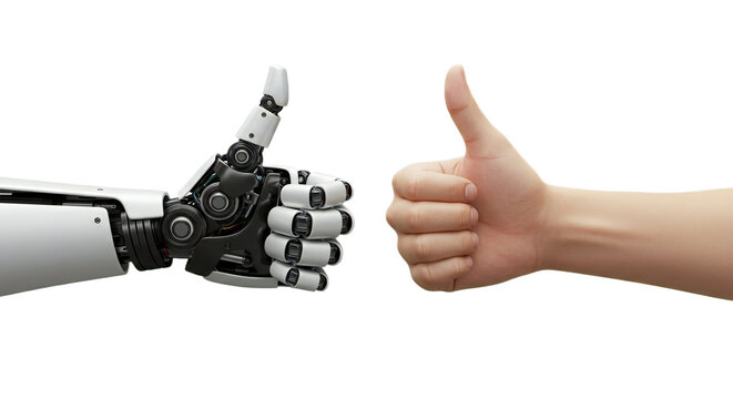 3D illustration of robot and human hands giving thumbs up, striking metallic and natural skin details. Isolated on transparent background, png