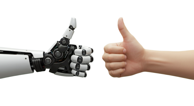 3D illustration of robot and human hands giving thumbs up, striking metallic and natural skin details. Isolated on transparent background, png - Powered by Adobe