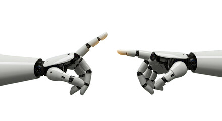 Stylized photorealistic AI hand with touchscreen handshake icon high fiving human hand. Isolated on transparent background, png