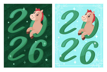 Two christmas cards with numbers 2026 and cute horse. Perfect for New Year 2026 celebrations.