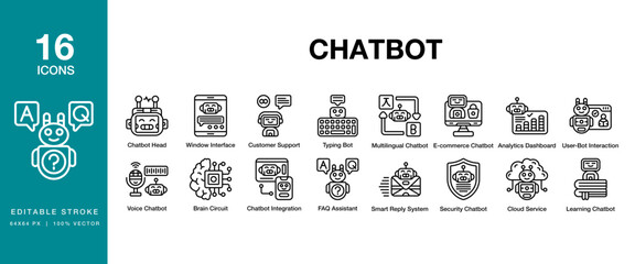 Chatbot icon set. Includes chat, digital, technology, service, support and More. Editable Stroke Icon Collection.