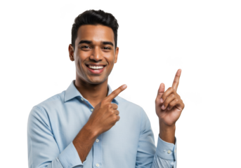 Smiling man pointing to empty space on the right suggesting options transparent background