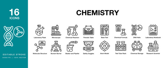 Chemistry icon set. Includes chemistry, science, research, chemical, medicine and More. Editable Stroke Icon Collection.