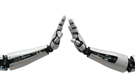 Dynamic post-high-five energy, human and AI hands hovering with motion blur, vibrant clarity. Isolated on transparent background, png