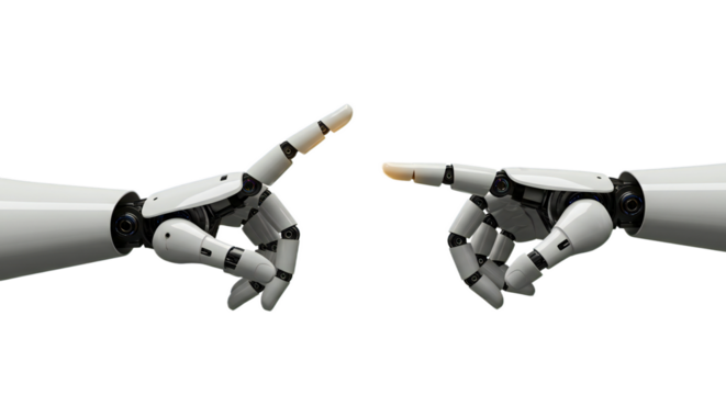 Stylized photorealistic AI hand with touchscreen handshake icon high fiving human hand. Isolated on transparent background, png
