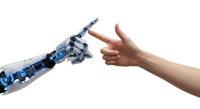AI hand with translucent shell, LED components high fiving freckled human hand, transparent collaboration. Isolated on transparent background, png