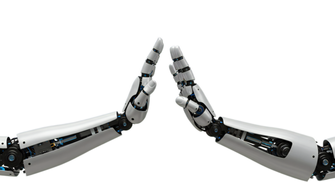 Dynamic post-high-five energy, human and AI hands hovering with motion blur, vibrant clarity. Isolated on transparent background, png