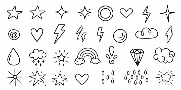 Collection of hand drawn doodle icons including stars hearts lightning bolts clouds rainbows and raindrops on a white background