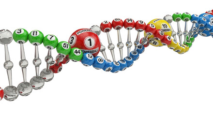 A DNA strand is creatively depicted with lottery balls representing the genetic code.