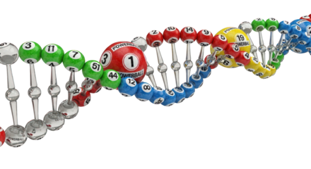 A DNA strand is creatively depicted with lottery balls representing the genetic code.