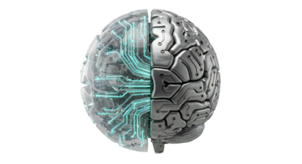 Ultra-realistic robotic brain—transparent polymer microchip left and chrome-circuit right hemisphere, glowing fibers for AI innovation. Isolated on transparent background, png.
