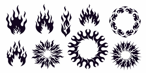 Collection of stylized black flame designs and circular fire motifs on a white background