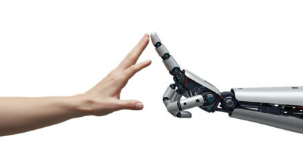 AI robotic hand and human hand in perfect high five symmetry, photorealistic minimalist composition. Isolated on transparent background, png