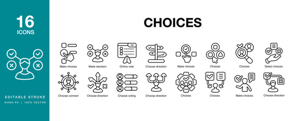 Choices icon set. Includes choice, business, solution, decision, choose and More. Editable Stroke Icon Collection.