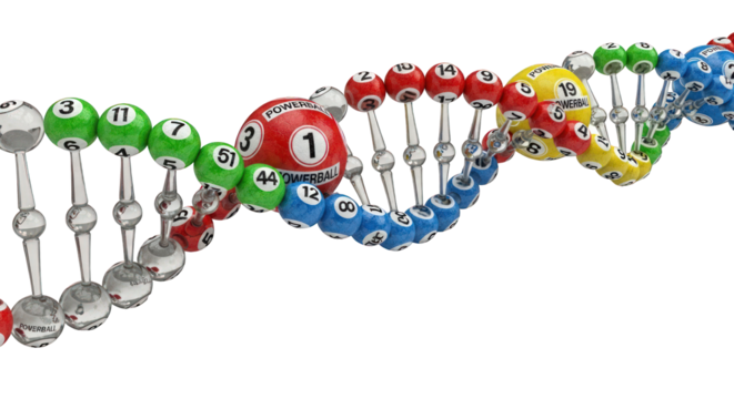 A DNA strand is creatively depicted with lottery balls representing the genetic code.
