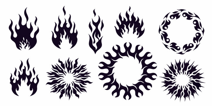 Collection of stylized black flame designs and circular fire motifs on a white background