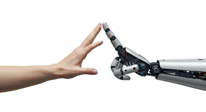 AI robotic hand and human hand in perfect high five symmetry, photorealistic minimalist composition. Isolated on transparent background, png