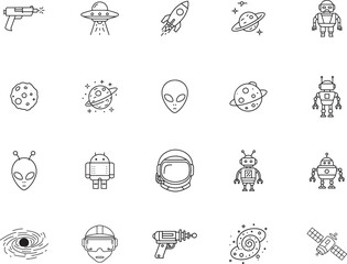 Science Fiction and Outer Space Doodle Line Art Icon Set
