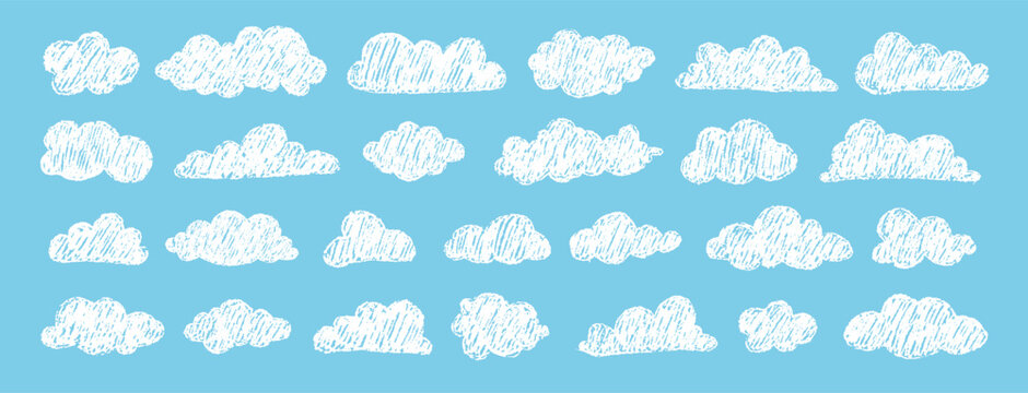 Set of White clouds. Kids hand sketched collection. Pencil drawn doodles with crayon for classroom decor. Childish Vector illustration isolated on blue background.