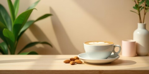 Obraz premium Aromatic Coffee Break Latte Art and Almonds on a Sunny Wooden Table