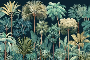 Tropical palm tree pattern, lush green foliage, botanical leaves, exotic jungle plants, nature inspired, vibrant and decorative, seamless background design