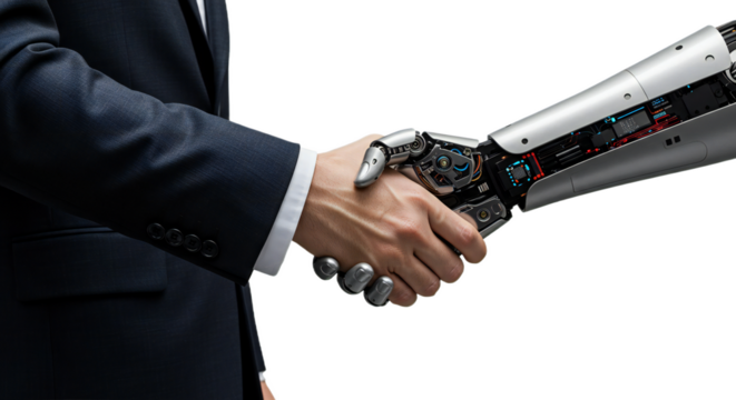 Editorial business handshake: dark suit human hand, reflective titanium AI hand, from angular tablets. Micro-details, cool metallic blues/reds. Isolated on transparent background, png