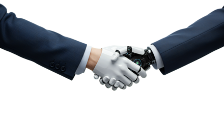 Professional handshake, businessperson and angular robot hand, soft indigo sleeve, high-tech trust-focused mood, isolated on transparent background, png