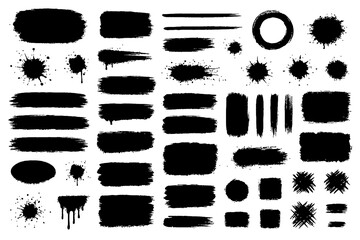 Black Brush Stroke and Ink Shape Collection | Grunge Texture, Paint Splatter, and Abstract Design Elements Set, Grunge Speech Bubble Frames Set | Hand Drawn Text Boxes and Brush Rectangle Labels.