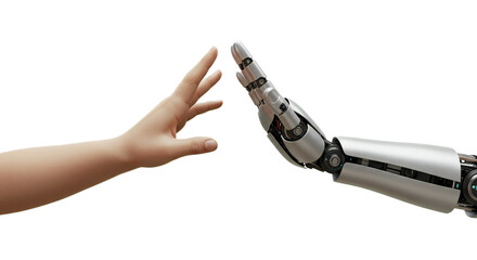 Tender child’s hand reaches to high five friendly, rounded AI hand, intergenerational collaboration in serene white. Isolated on transparent background, png