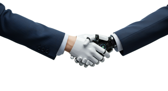 Professional handshake, businessperson and angular robot hand, soft indigo sleeve, high-tech trust-focused mood, isolated on transparent background, png