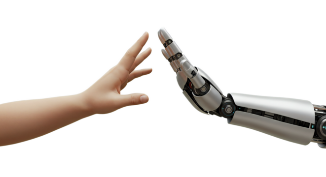 Tender child’s hand reaches to high five friendly, rounded AI hand, intergenerational collaboration in serene white. Isolated on transparent background, png