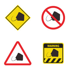 Set of stingray crossing traffic sign. Vector illustration of yellow triangle warning sign and white cirle warning sign with stingray icon inside. Wild sea animals likely ahead.