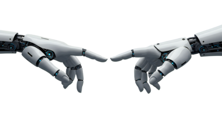 Close-up on fingertips of female human and robot hand, millimeters apart, clinical serenity. Isolated on transparent background, png