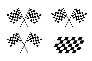 Set of black and white checkered racing flags, speed symbols, finish line icons, motorsport and race victory vector illustrations