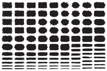 Black Brush Stroke and Ink Shape Collection | Grunge Texture, Paint Splatter, and Abstract Design Elements Set, Grunge Speech Bubble Frames Set | Hand Drawn Text Boxes and Brush Rectangle Labels.