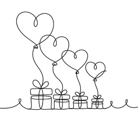 Continuous one line art of heart-shaped balloons and gift boxes, minimalist romantic drawing for love, wedding, and celebration design