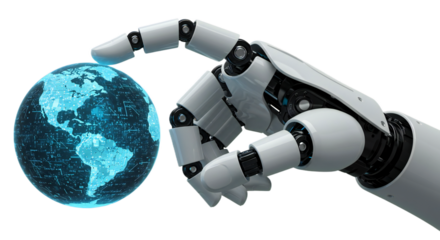 Extreme close-up: robot hand’s thumb and forefinger pinching a shining digital globe, micro-circuit details, isolated on transparent background, png