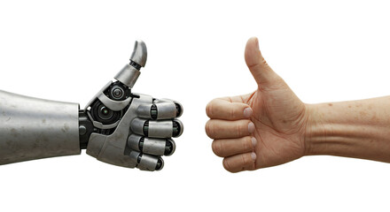 Minimalist 3D of elderly robot & human hands, aged textures in perfect thumbs up symmetry. Isolated on transparent background, png